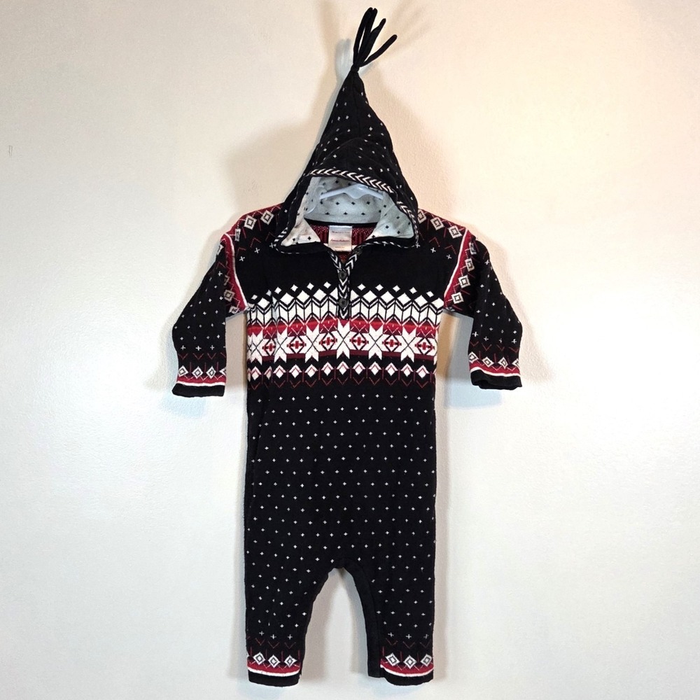 Hanna Andersson Sno Happy Hooded Organic Knit Romper 6-12 Mos Nordic Fair Isle